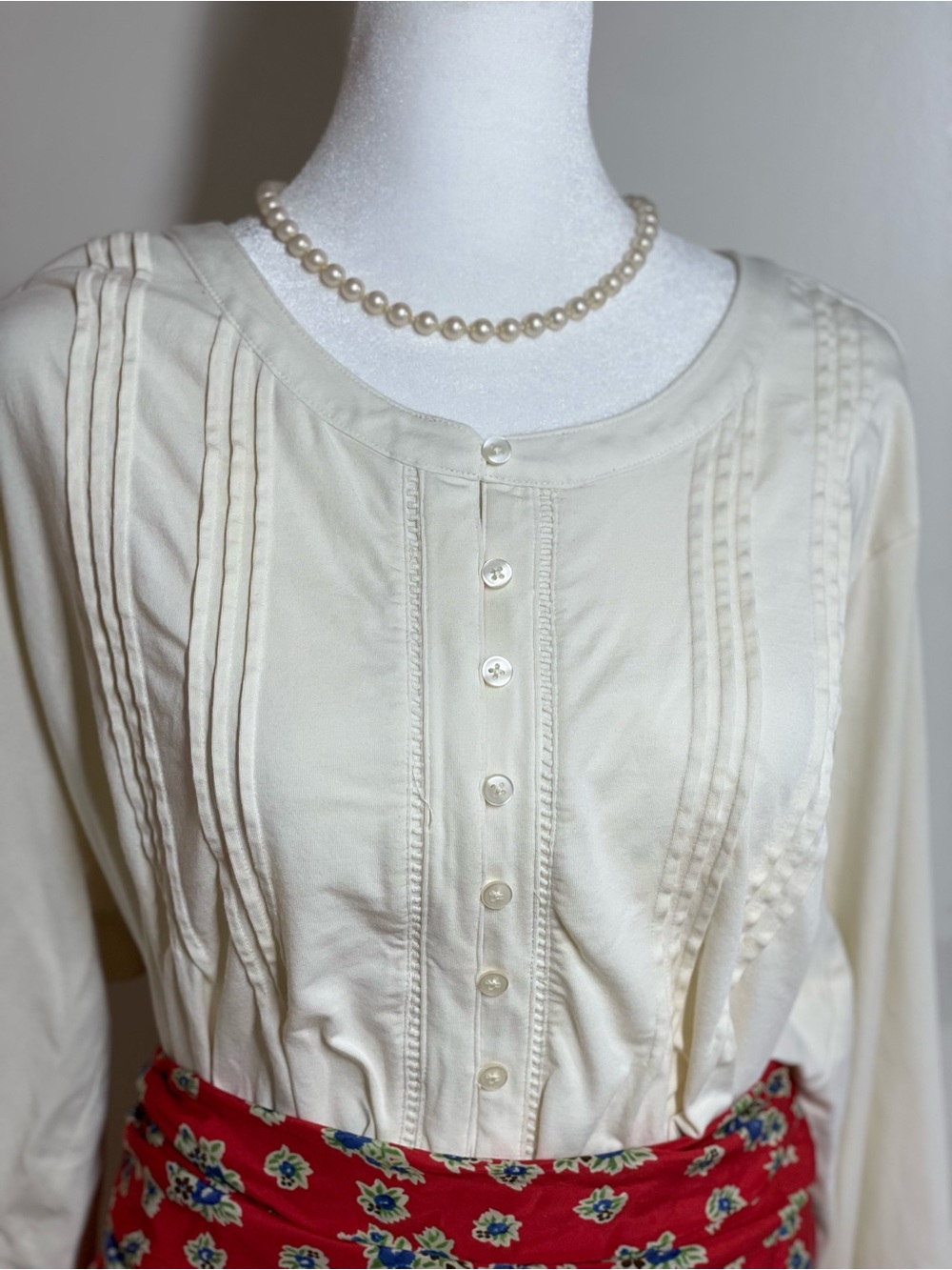 Lands’ End Cream Pintuk Button Front Long Sleeve Blouse Top Plus Sz 3X/ 24W-26W